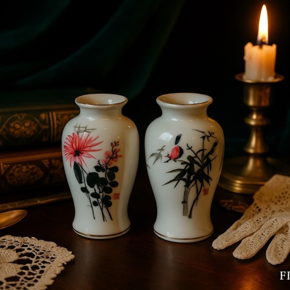 Pair of Vintage Chinese Miniature Porcelain Vases with Floral & Bird Motifs